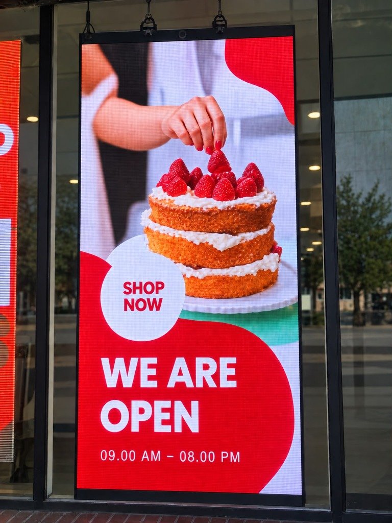Transparent LED window screen displaying a cake advertisement
