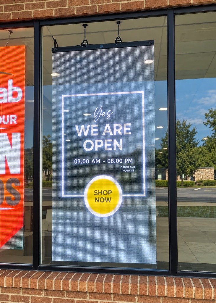 Cabinet-style transparent LED screen installed in a storefront window