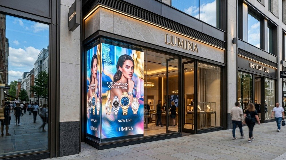 Vibrant dynamic promotional video advertising on storefront window glass