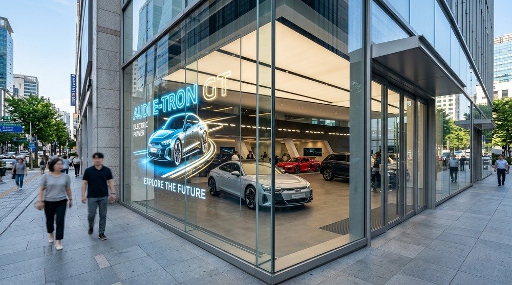See-through transparent LED glass display in modern showroom with natural interior daylight