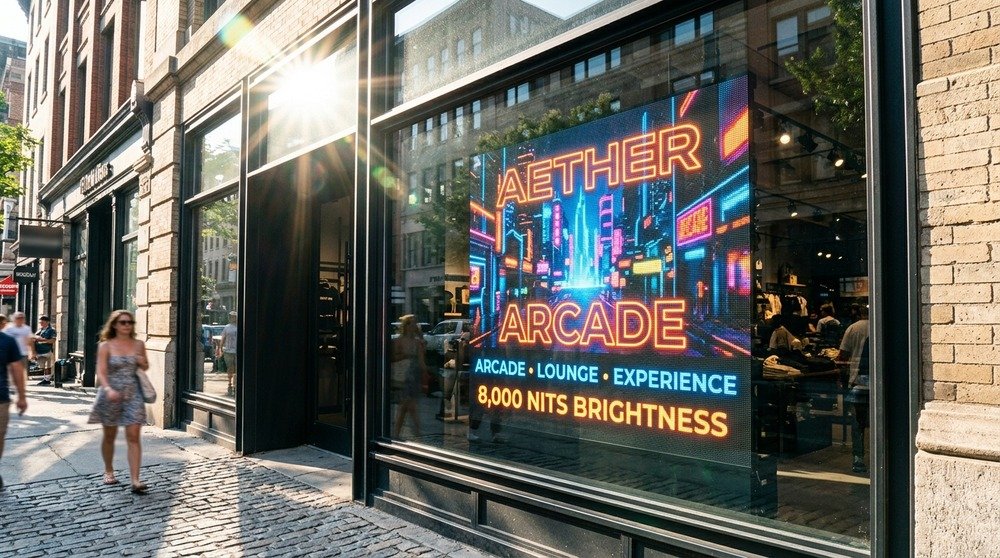 Transparent LED window display viewed through sunlit storefront glass