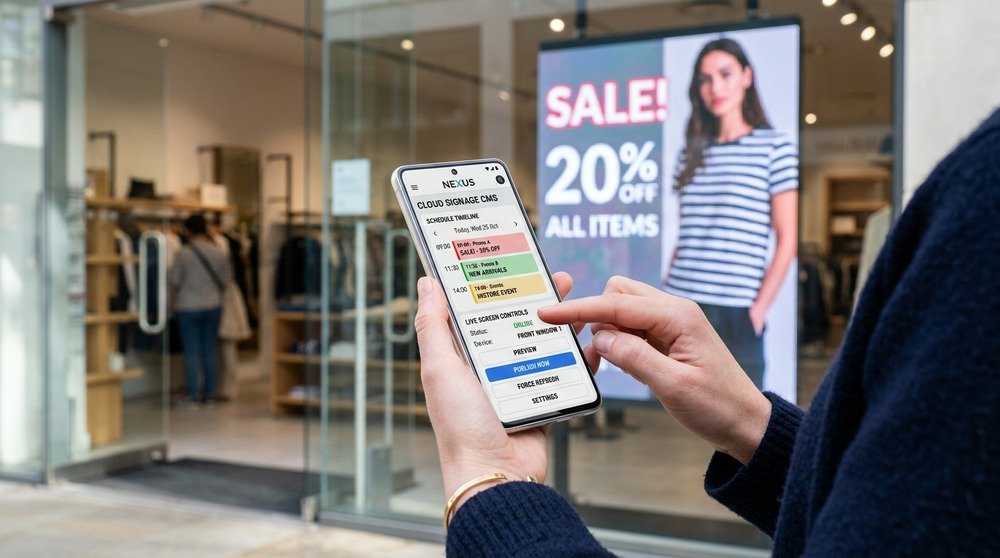 Smartphone content management interface for a storefront LED display