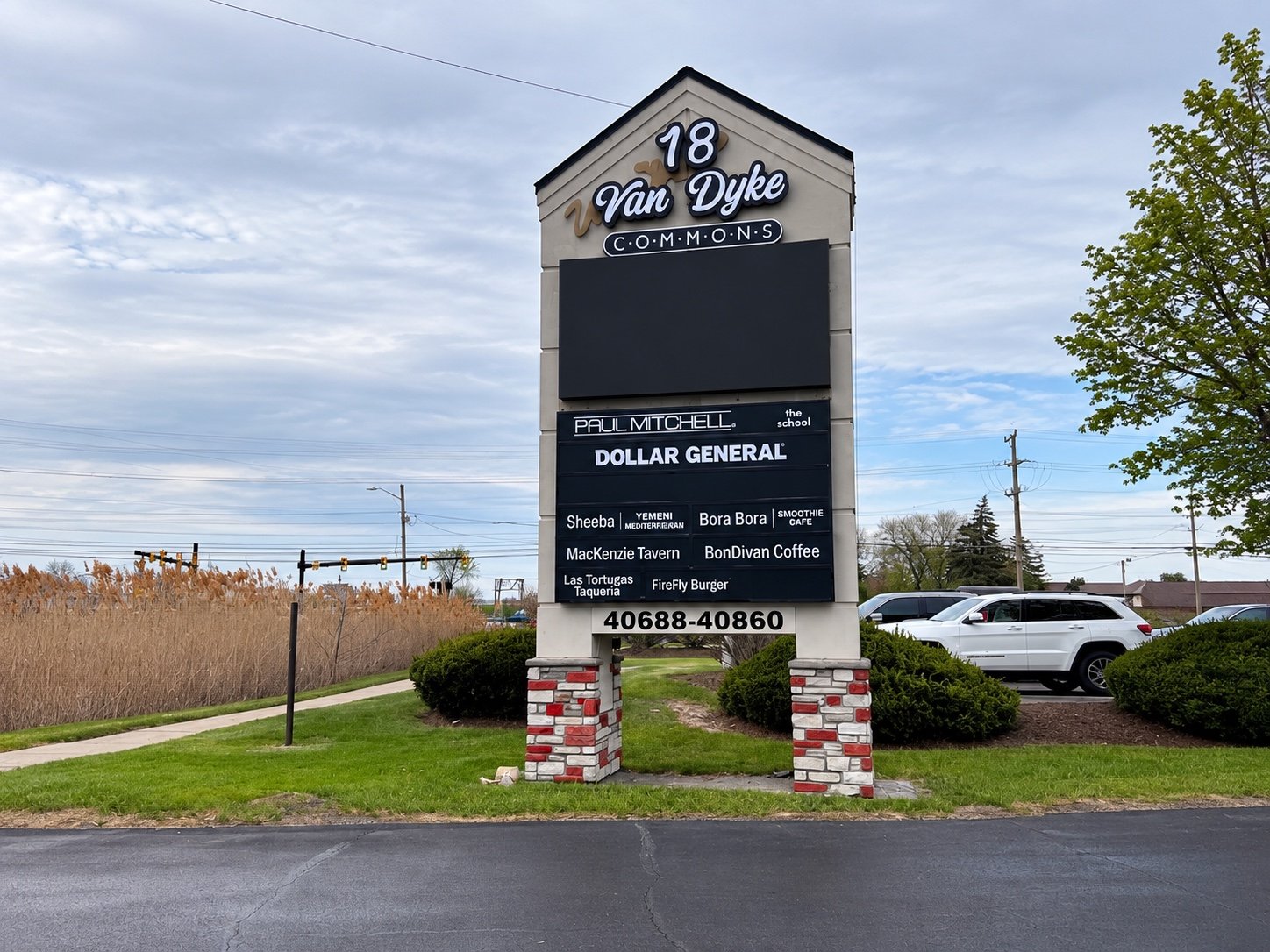 Van Dyke Commons monument sign before LED screen activation