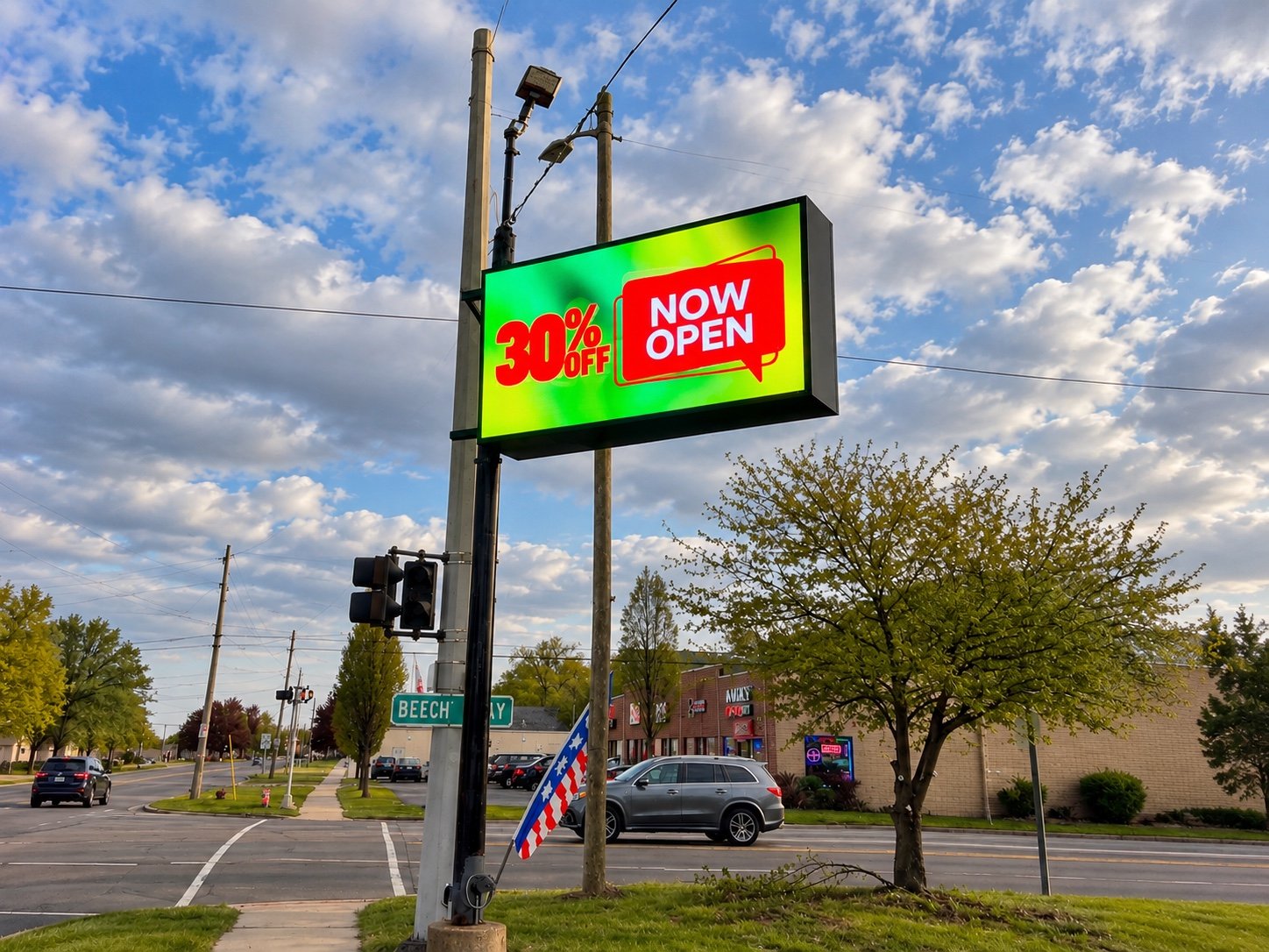 Zazen roadside LED pole sign displaying a bright now open promotion