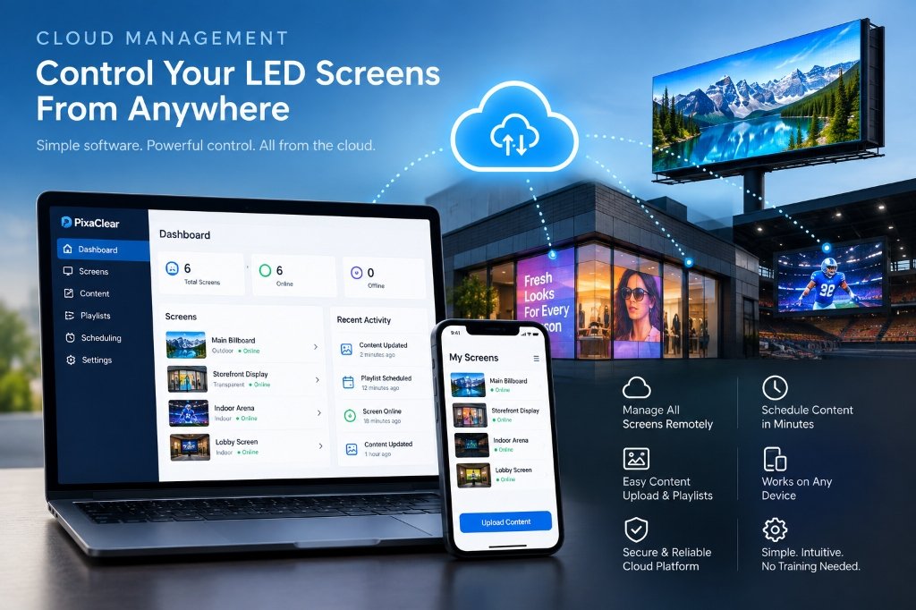 Cloud Digital Signage Remote Management via Smartphone and Laptop for Commercial LED Screens