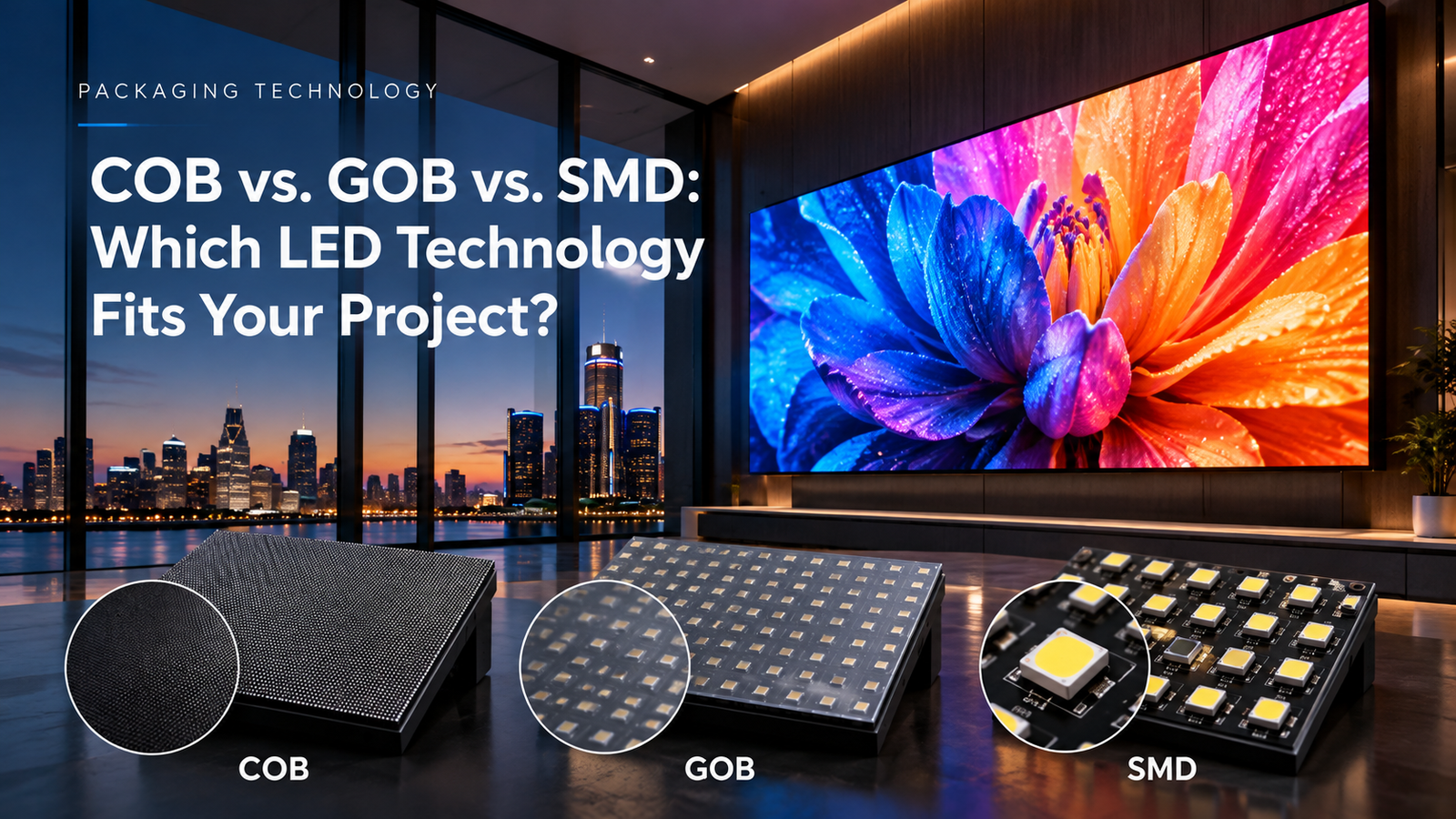 COB, GOB, and SMD LED technology comparison in a premium indoor LED video wall setting