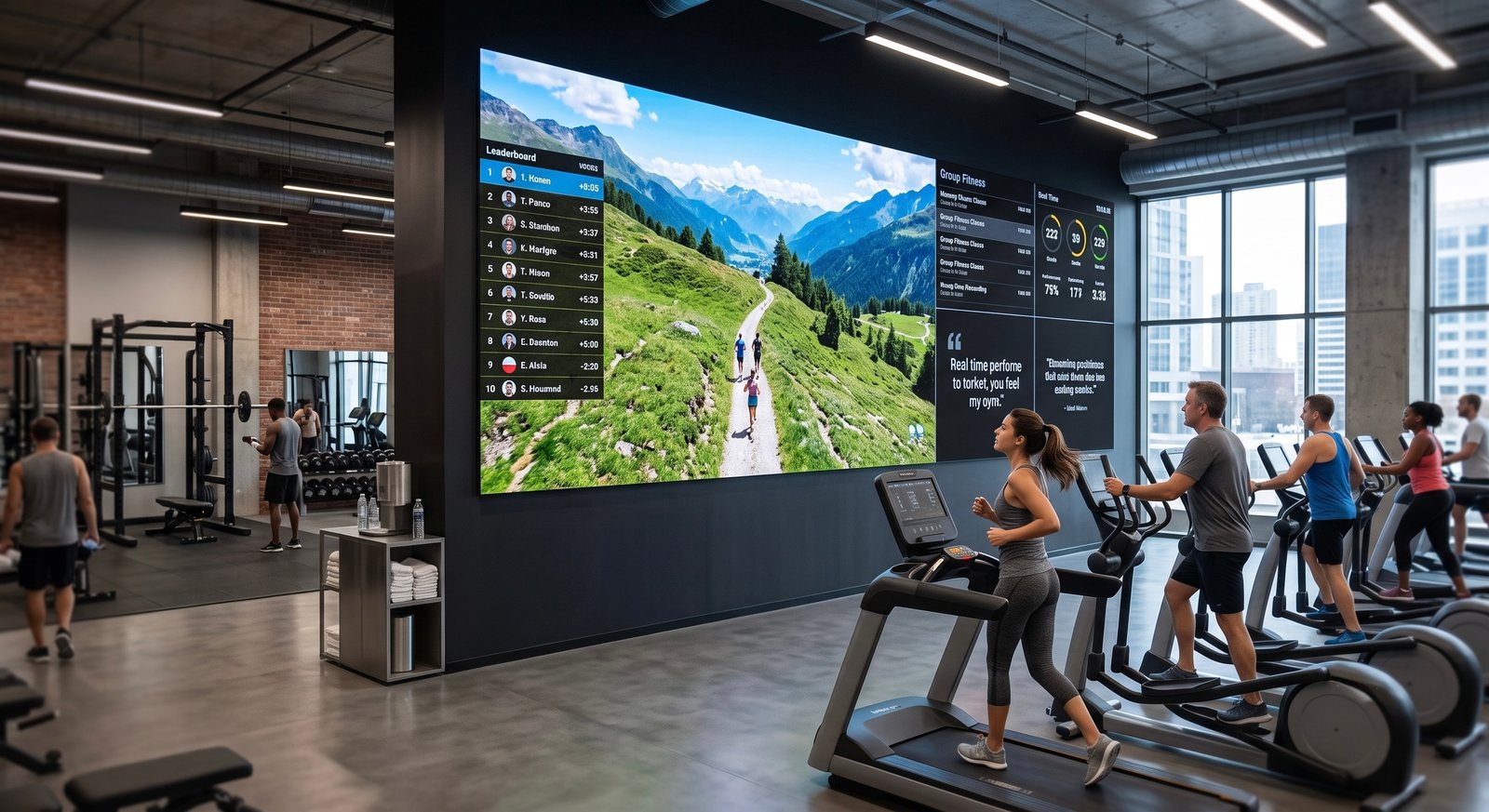 Large-format indoor LED video wall showcasing multi-source split screen