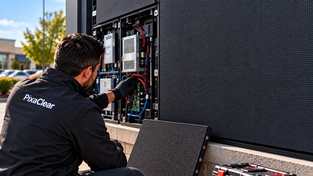 PixaClear LED technician maintaining an outdoor LED display