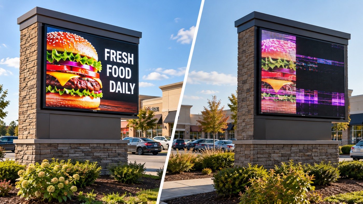 Working outdoor LED sign compared with a display showing image failures