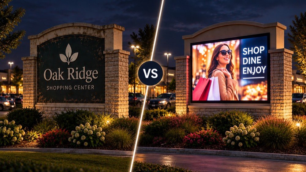 Traditional monument sign compared with a digital LED sign