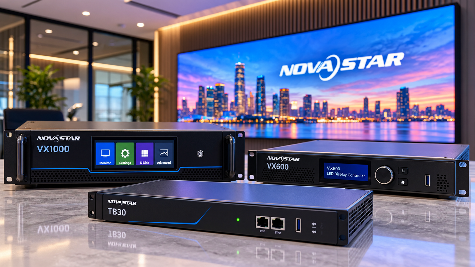 NovaStar LED video processors in front of a premium indoor LED video wall