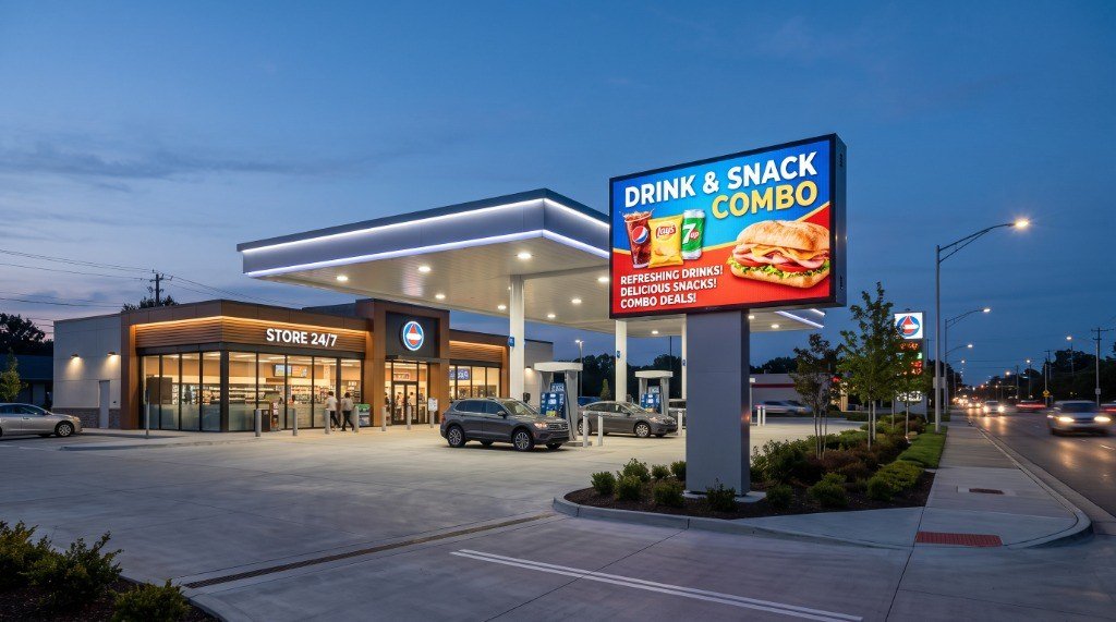 Commercial outdoor LED pylon sign for gas station and retail plaza in Michigan