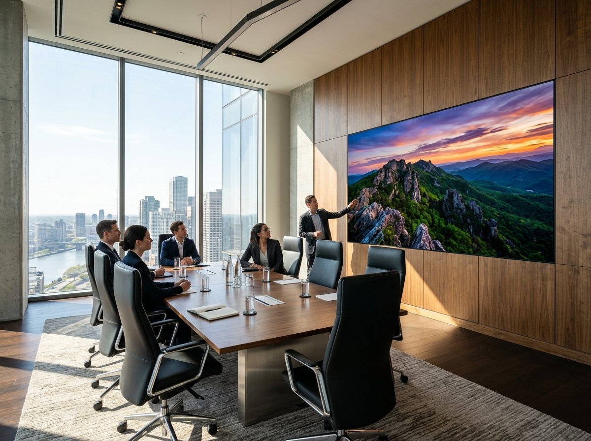 Glare-free matte Micro LED video wall in sunlit executive boardroom with floor-to-ceiling windows